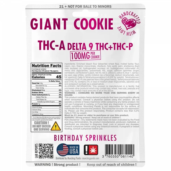 Munching Panda 100mg delta 9 thc + thc-p + thc-a birthday sprinkles cookie bag