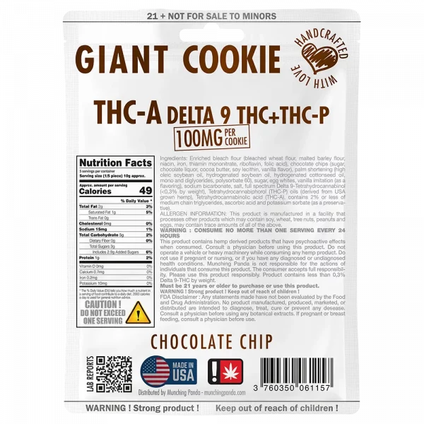 Munching Panda 100mg delta 9 thc + thc-p + thc-a chocolate chip cookie bag