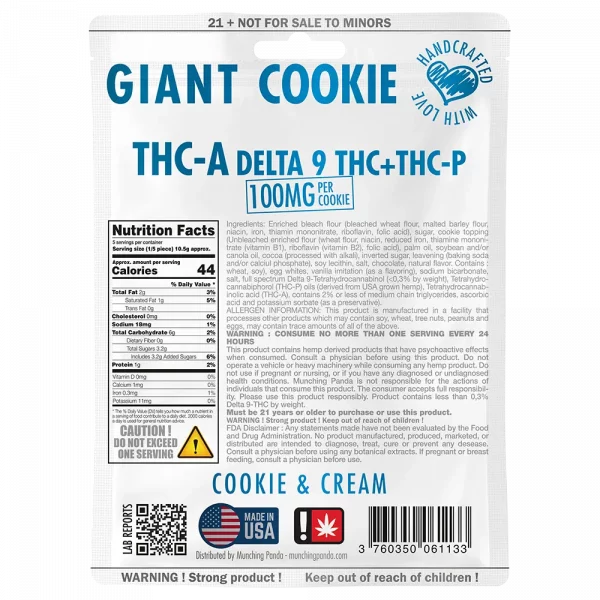 Munching Panda 100mg delta 9 thc + thc-p + thc-a cookie & cream bag